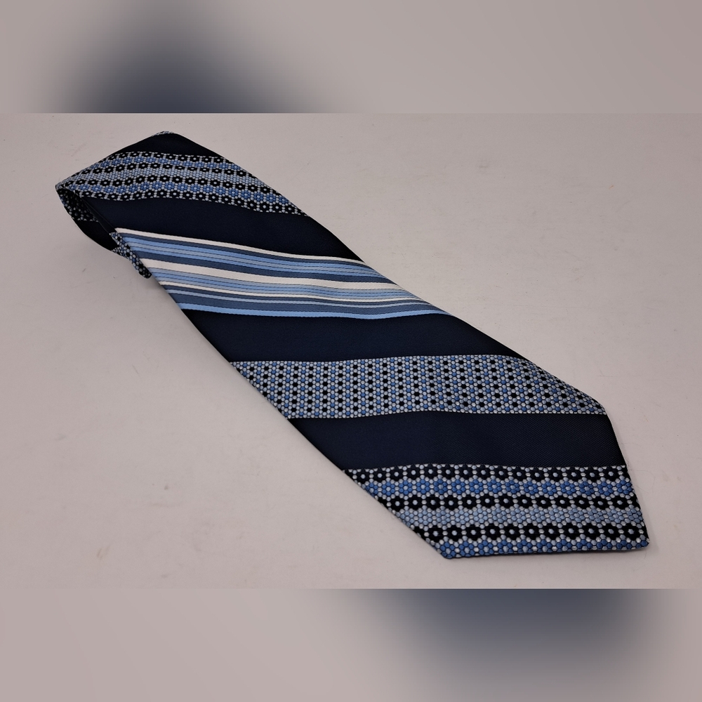 Christian Dior Vintage Neck Tie Repp Striped Floral Shades of Blue 70s 80s 56"
